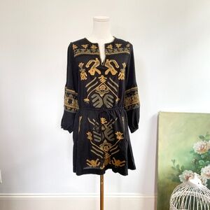 Free People Embroidered Boho Festival Tunic Mini Dress XS Peasant Folk Sleeves